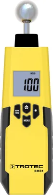 A yellow and black moisture meter with a silver ball sensor on top, set against a white background.