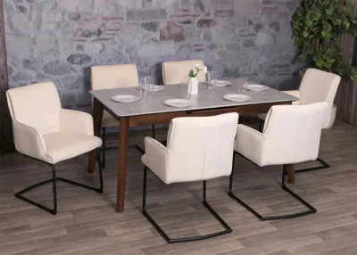 Produktbild von 6er-Set Freischwinger HWC-N60, Esszimmerstuhl Küchenstuhl Stuhl, Stoff/Textil   creme-beige
