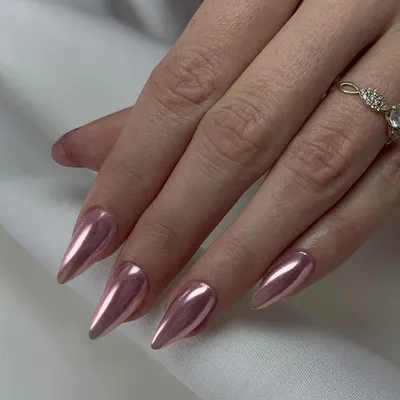 Image de Ongles factices en forme d'amande, couleur rose métallisée, effet miroir, 24 pièces, matériau gel