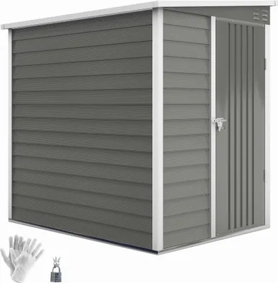 A grey metal garden shed with a white trim and a single door on a white background. A pair of white gloves and a padlock are shown in the bottom left corner.