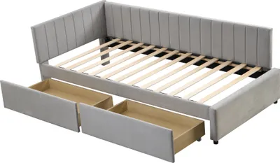 Produktbild von Polsterbett 90x200cm Schlafsofa  (ohne Matratze) Multifunktionsbett Stauraumbett Tagesbett Gästebett Mit 2 Schubladen und Lattenrost Samtstoff Grau