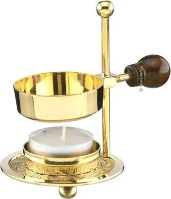 Produktbild von Räucherstövchen mit Holzgriff höhenverstellbar mit Teelicht aus Messing Gold (Höhe 11 cm)
