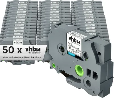 Produktbild von vhbw 50x Schriftband-Kassette kompatibel mit Brother PT 540 C, 7500 VP, 550, 7600 VP, 9200 DX, 9200 PC Etiketten-Drucker 8m x 18mm Schwarz auf Weiß