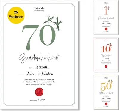 Produktbild von Frank Paperman® | 70. Hochzeitstag Geschenk | Ehejubiläum | Gnadenhochzeit | Urkunde | klassisch | Vordruck im DIN-A4-Format