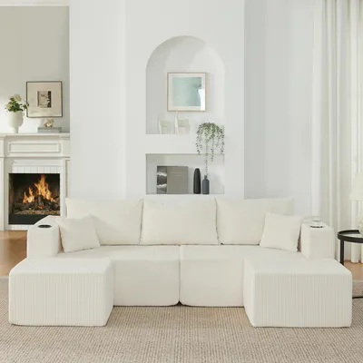 Productafbeelding van Okwish modulaire bank met losse voetenbankjes en een geïntegreerde bekerhouder, hoekbank met kussens en een zijvak, klassieke beige bank