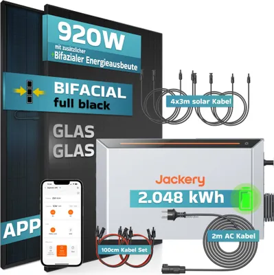 Produktbild von SUNNIVA® 920W Balkonkraftwerk mit 2,048 kWh Speicher Jackery HomePower 2000 Ultra, BIFAZIAL FULLBLACK komplett Steckdose, PV Solaranlage Komplettset