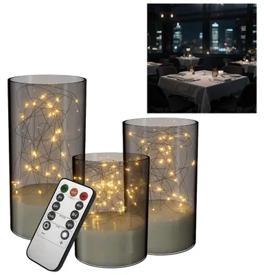 Produktbild von VA-Cerulean LED Kerzen 6er Set Mattgrau – Lichtdraht-Design, Flackernd, Fernbedienung & Timer, für Tisch, Regal & Zuhause