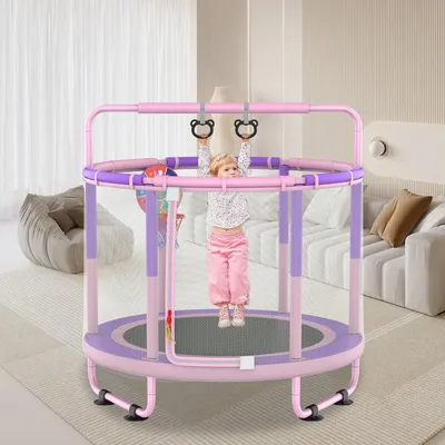 Image de Trampoline pour enfants avec panier de basket, balançoire et anneau, couleurs rose et violet, pour intérieur et extérieur
