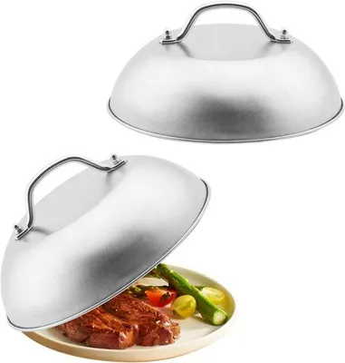 Obrázok produktu pre Sada 2 nerezových zvonov na hamburgery, grilovací zvon s rukoväťou chrániacou pred popálením, zvon na roztavenie syra pre cheeseburgery s priemerom 22 cm, zvon na roztavenie syra pre cheeseburgery, hamburgery
