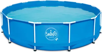 A blue round above-ground swimming pool filled with water, supported by a white metal frame.