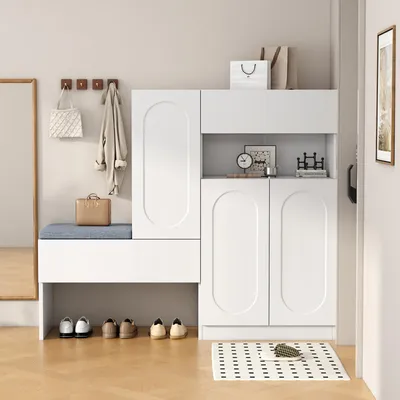Produktbild von okwish Schuhschrank mit gepolsterter Sitzbank,Schuhregal mit gewölbten Türen und höhenverstellbaren Fächern,Klapptür mit Soft-Close-Funktion,Weiß