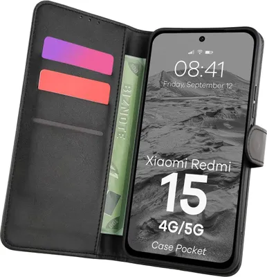 Produktbild von Handyhülle mit Klappe für Xiaomi Redmi 15 4G/5G, Bizon Case Pocket, Schwarz
