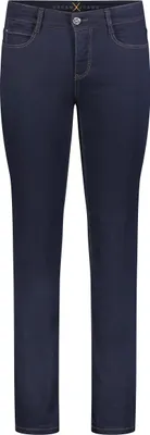 A product shot of a pair of dark blue jeans.