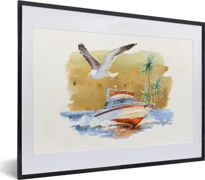 Produktbild von MuchoWow® MuchoWow® Gerahmtes Poster Boot - Vogel - Aquarell 40x30 cm - Poster mit zchwarzem Bilderrahmen - Bilderrahmen - Poster im Rahmen