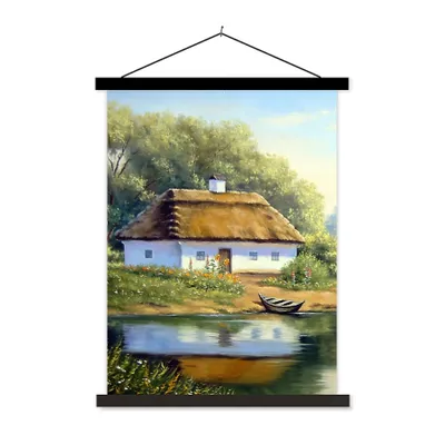 Produktbild von MuchoWow® Textilposter Malerei - Haus - Natur - Wasser - Ölfarbe 40x53 cm mit schwarzem Rahmen - Abbildung