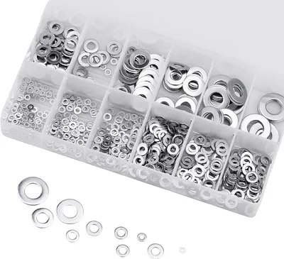 Produktbild von 800 Stück Edelstahl-Flachscheiben, Sortiment M2, M2,5, M3, M4, M5, M6, M8, M10, M12, inklusive Aufbewahrungsbox mit Dichtung