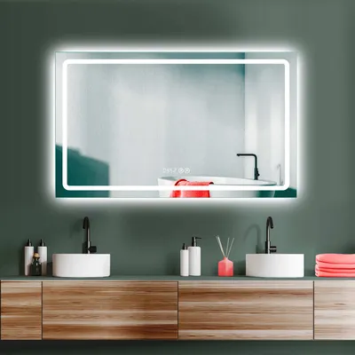 Image de HOKO ANTIBESCHLAG LED miroir de salle de bain 100x60cm+horloge+changement de lumière blanc chaud/blanc froid/neutre. Lumière allumable par interrupteur tactile/interrupteur mural. Bochum