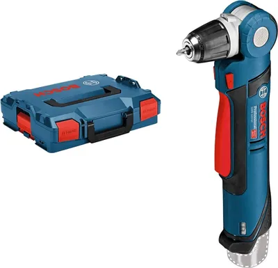 A blue Bosch L-BOXX case and a blue and red Bosch cordless angle drill are shown against a white background.