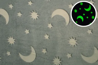 Produktbild von Minky-Plüsch leuchtet im Dunkeln, Sterne, Mond auf grauem 50 x 160 cm