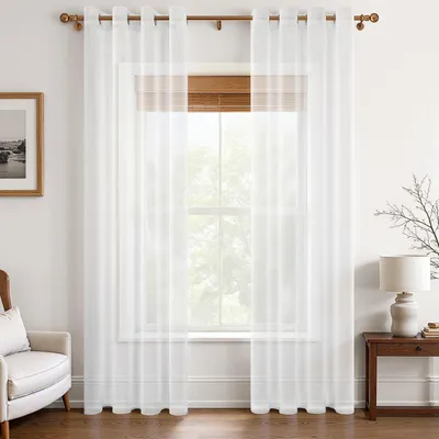Productafbeelding van Voile gordijnen 215 cm, set van 2, linnen look, met oogjes, wit, voor slaapkamer