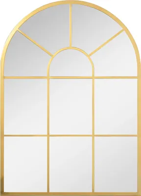 A gold-framed arched mirror with multiple panes, presented against a white background.