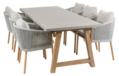 Produktbild von 7-teiliges Garten-Set | 6 Es Vedra Gartenstühle | Rock Gartentisch 235 x 95 cm | Teakholz & Beton