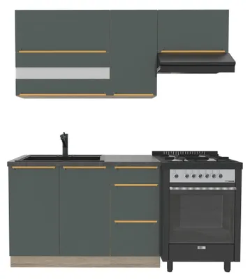 Obrázek produktu pro Kuchynská linka 180 cm – GLAMOUR E – S pracovní deskou v tmave hnedé barve – Tmave zelená kuchyne – Kuchyn pro jednoho – Zlaté úchytky – Kovové zásuvky
