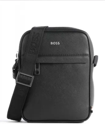 A black BOSS messenger bag is shown against a white background.