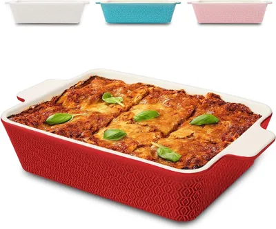 Zdjęcie produktu dla Duże ceramiczne naczynie do zapiekanek - Bardzo wysoki brzeg - Do lasagne, tiramisu i zapiekanek - Kwadratowe - Czerwone