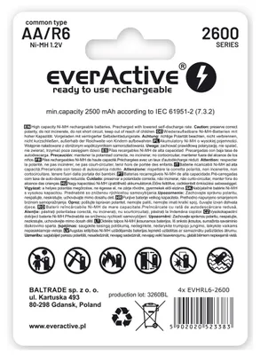 Zdjęcie produktu dla Everactive EVHRL6-2600, Bateria do ponownego naładowania, Niklowo-metalowo-wodorkowa (NiMH), 1,2 V, 4 szt., 2500 mAh, -20 - 50 °C