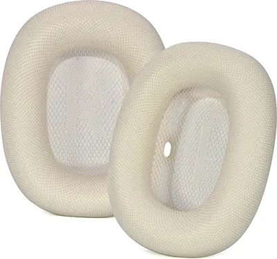 Two white ear pads for headphones are shown against a white background.