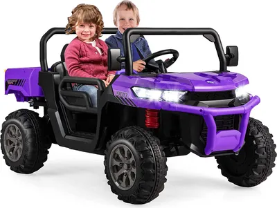 Immagine prodotto di COSTWAY Auto elettrica a 2 posti con modalità altalena e cassone ribaltabile automatico, autocarro ribaltabile per bambini da 12 V con musica, clacson e fari, velocità 3-8 km/h, incl. pala e telecomando a 2,4 GHz (viola)