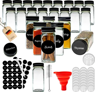 Produktbild von Gewürzgläser Set Eckig 24 Stück inkl. Gewürzetiketten | Organizer zur Aufbewahrung Küche -Glasbehälter für Gewürze, Vorratsdosen, Spice Jars luftdicht