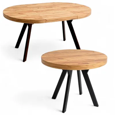 Produktbild von Runder Ausziehtisch Ø100-200 cm für Esszimmer, Schwarz Metallgestell Y + Craft Eiche