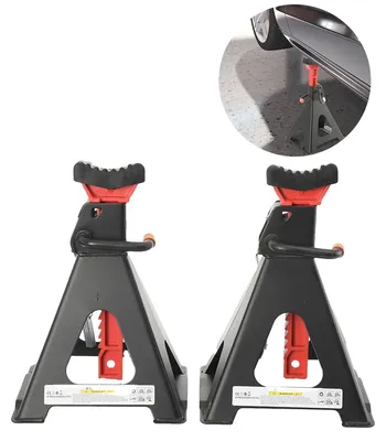 Produktbild von Achsjackstützen, 6 Tonnen Tragfähigkeit, höhenverstellbar 390–585 mm, Konstruktion aus Kohlenstoffstahl, Doppelsicherungssystem, dreieckige Fußpolster