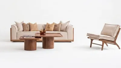 Productafbeelding van Sofa Garnitur Sessel Kaffeetisch Modern Beige Edel Holz Couch