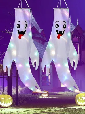 Obrázok produktu pre Halloweenská dekorácia – vlajka s duchom, 135 cm, svetielka, záhradná dekorácia