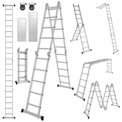 Productafbeelding van Eikuavons Aluminium multifunctionele ladder 7-in-1, 4x5 treden, ongeveer 580 cm / 5,8 meter, inklapbare scharnierladder met platforms, wielen en antislipoppervlak, maximale draagkracht 150 kg