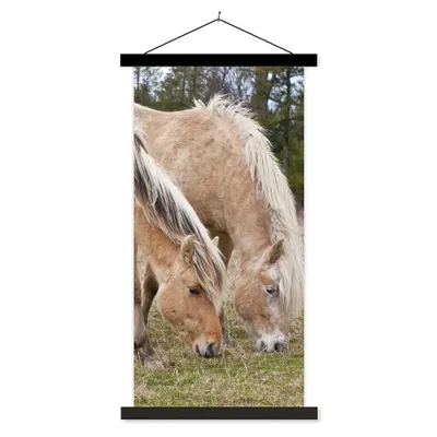 Produktbild von MuchoWow® Textilposter Zwei grasende Fjordpferde auf einer Wiese 40x80 cm mit schwarzem Rahmen - Wandemalerei