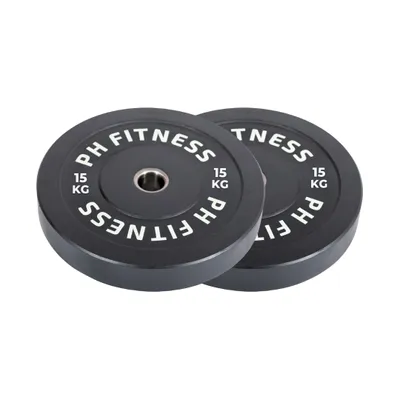 Obrázok produktu pre PH Fitness Set 15 kg Olympijské kotúče Bumper Plates z gumy s liatinovým jadrom a otvorom 50 mm – protišmykové a šetrné k podlahe, ideálne na silový tréning, powerlifting a crossfit