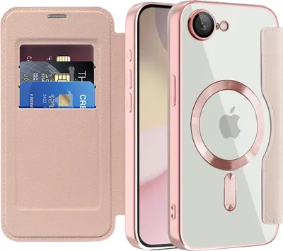 Immagine prodotto di Custodia per iPhone 16e compatibile con MagSafe, custodia trasparente con portacarte, custodia in pelle con protezione della fotocamera Rosa