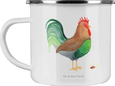 Produktbild von Mr. & Mrs. Panda Emaille Tasse Hahn Korn - Weiß - Geschenk, Bauernhof, Henne, Outdoor Becher, Natur, Haferl, Teetasse, Eier, Pott