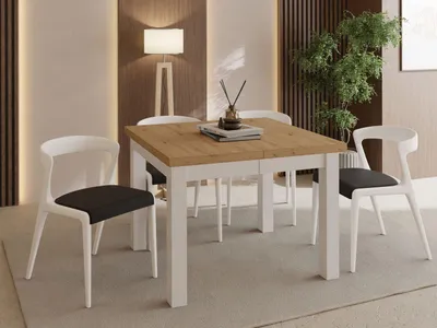Produktbild von Quadratischer Esstisch Ausziehbar 90 bis 190 cm – Verlängerbar, für 4-10 Personen mit Weißen Holzbeinen – Tisch für Wohnzimmer & Esszimmer in Eiche Artisan Hellbraun
