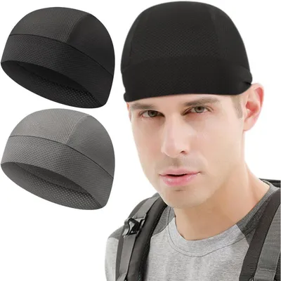 Immagine prodotto di 2 copricapo traspiranti per casco da bicicletta, che assorbono il sudore, con protezione UV, ideali per ciclismo, corsa e attività all'aperto
