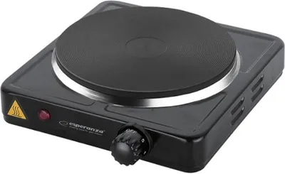 A black electric hot plate with a single burner is shown from a slightly elevated angle against a white background.