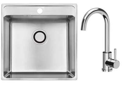 Produktbild von VBChome Einbauspüle Edelstahl 49x48x21 cm – Gebürsteter Stahl mit Hahnloch | Küchenspüle Großes Becken mit Siphon & Armatur Chrom | Modernes Design