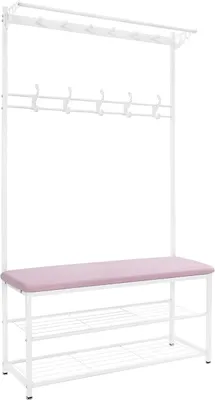 Imagen del producto de Perchero de metal con estante para zapatos y banco acolchado. Perchero de 100 cm de ancho con ganchos desmontables. Armario de 170 cm de alto con zapatero y asiento (blanco + rosa)