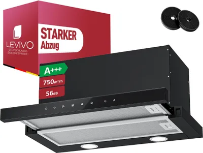 A black range hood is shown with marketing materials and accessories.