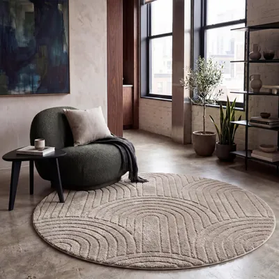Produktbild von Teppich Wohnzimmer Schlafzimmer Hochflor Weich Waschbar Uni 3D-Optik Modern Taupe Grösse 120 cm Rund