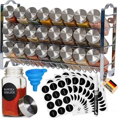 Obrázek produktu pro Sada 24ks - Deco Haus 3-patrový kovový stojan na kořenky s 24 dózami na koření — Stojan, 24 nádob, 48 štítků, kartáč, trychtýř, háčky - (Chrom)